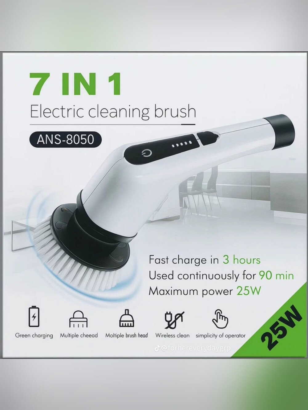7-in-1  Cordless Electric Spin Scrubber Brush - White & Black Multipurpose Use
